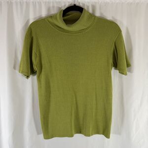 Wasserman 100% Silk Blouse Women's Medium Green Ribbed Turtleneck Short Sleeve